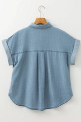 Folded Short Sleeve Patched Pocket Denim Shirt - Trendsi - Flyclothing LLC