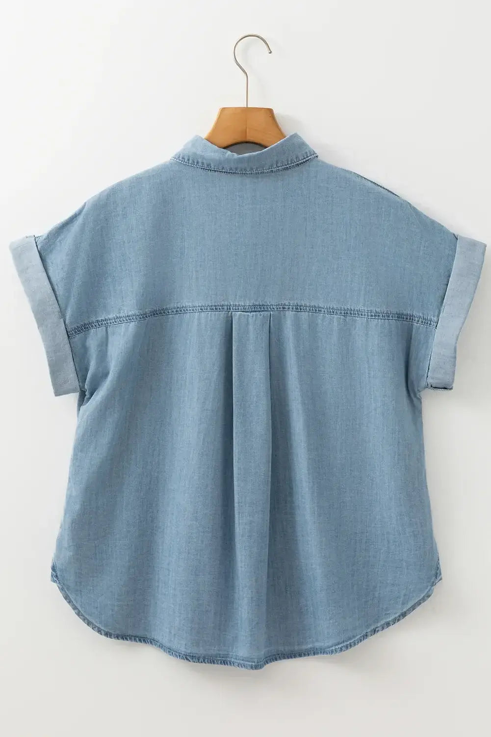 Folded Short Sleeve Patched Pocket Denim Shirt - Trendsi - Flyclothing LLC