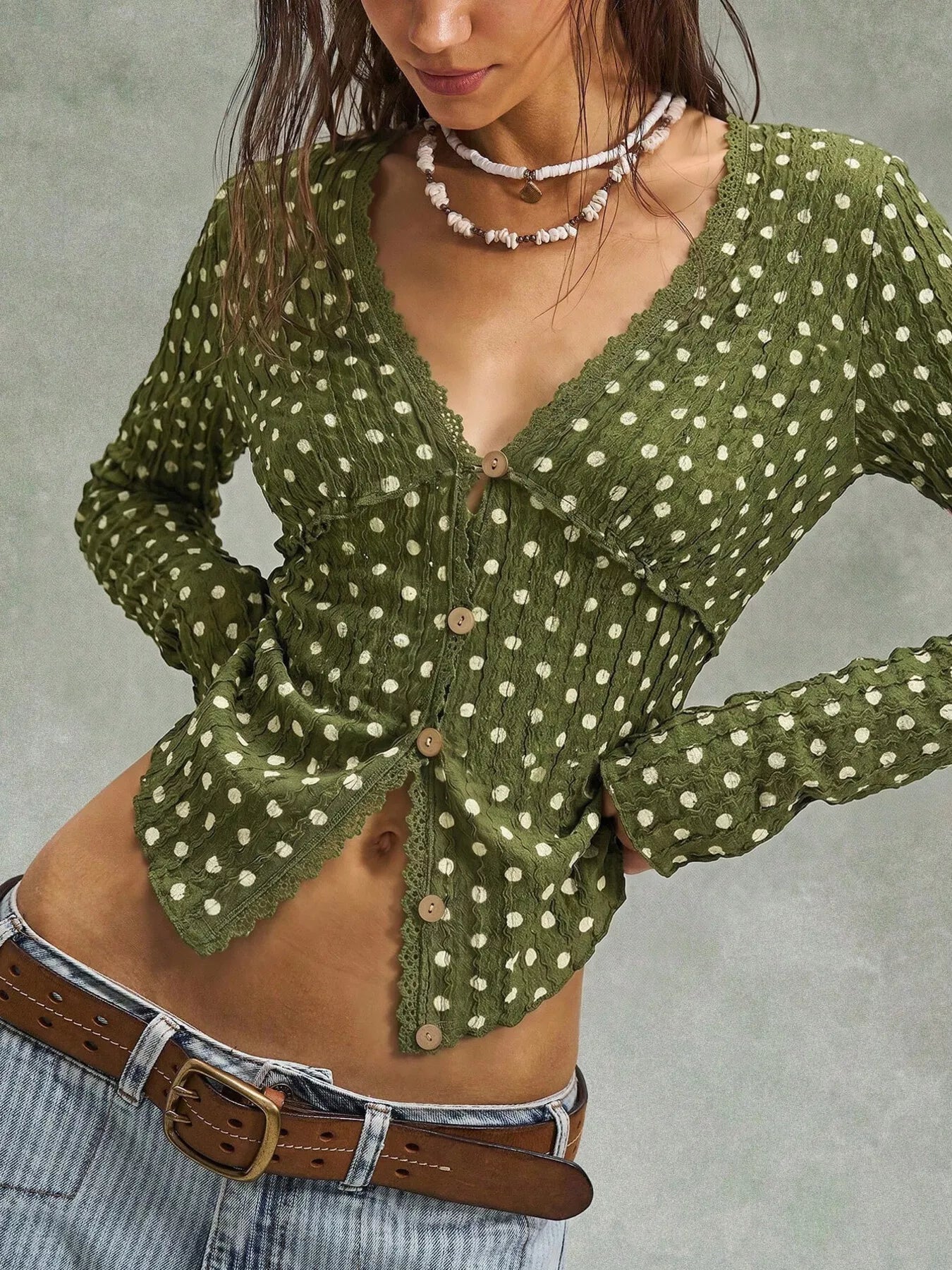 Polka Dot Button Down Textured Long Sleeve Blouse - Trendsi - Flyclothing LLC