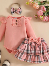 Children's Ruffled Ribbed Bodysuit and Skirt Set with Headband - Trendsi - Flyclothing LLC