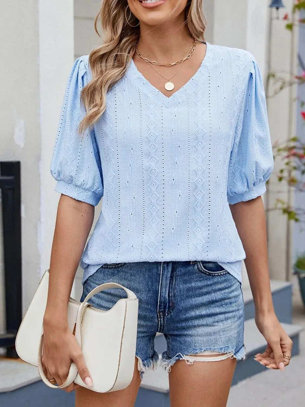 Puff Sleeve V-Neck Eyelet Lace T-Shirt - Trendsi - Flyclothing LLC