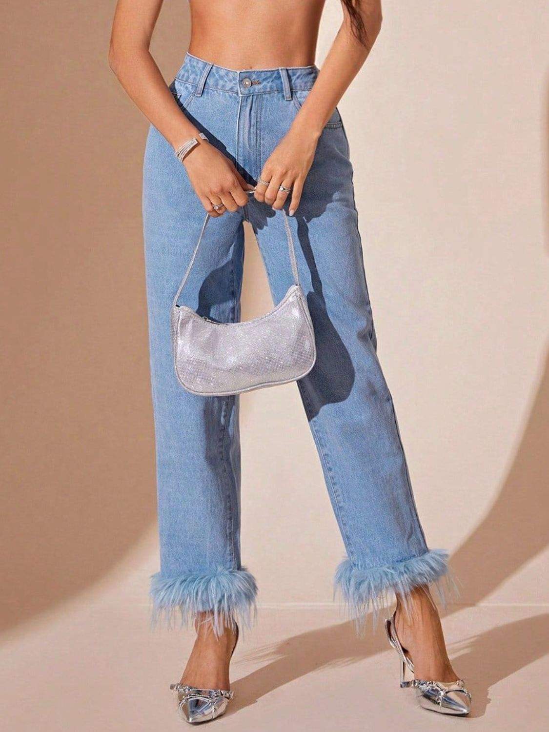 Plush Hem High Rise Straight Jeans - Trendsi - Flyclothing LLC