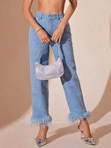 Plush Hem High Rise Straight Jeans - Trendsi - Flyclothing LLC