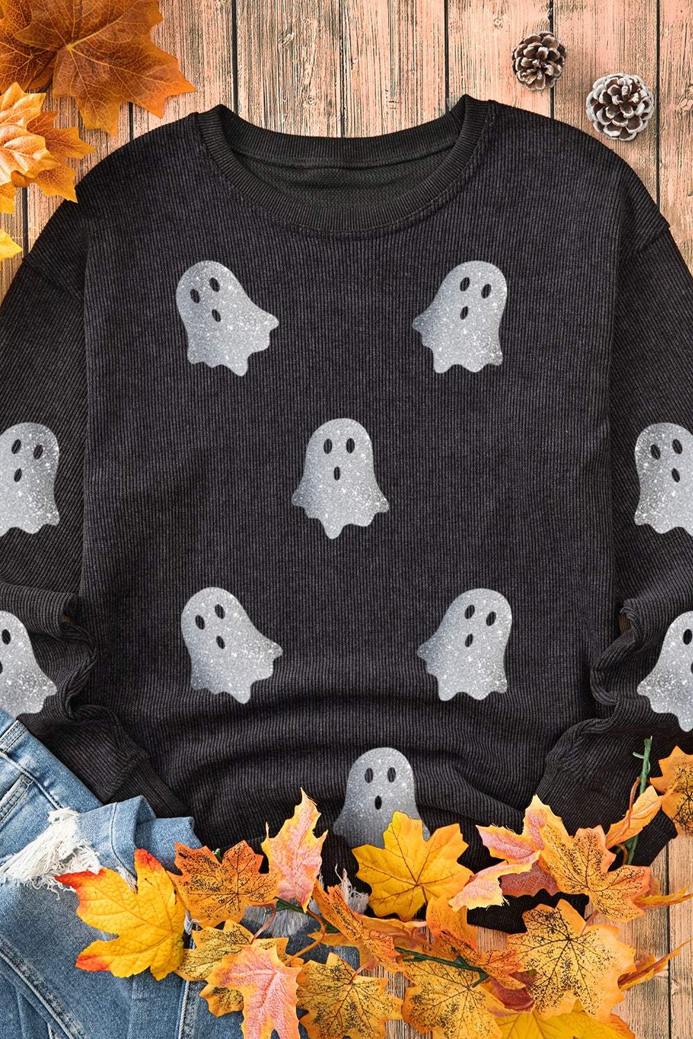 Glitter Ghost Round Neck Long Sleeve Sweatshirt - Trendsi - Flyclothing LLC