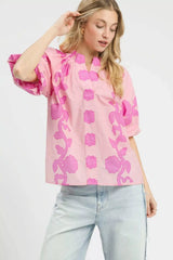 Umgee Floral Smocked Notched Puff Sleeve Blouse - Trendsi - Flyclothing LLC