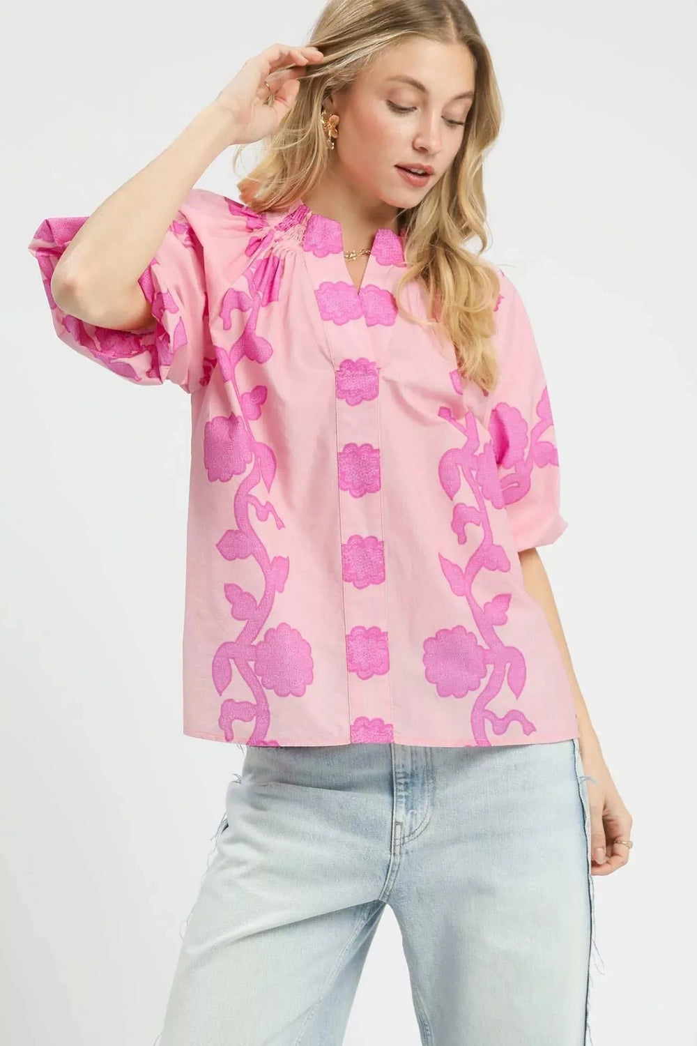 Umgee Floral Smocked Notched Puff Sleeve Blouse - Trendsi - Flyclothing LLC