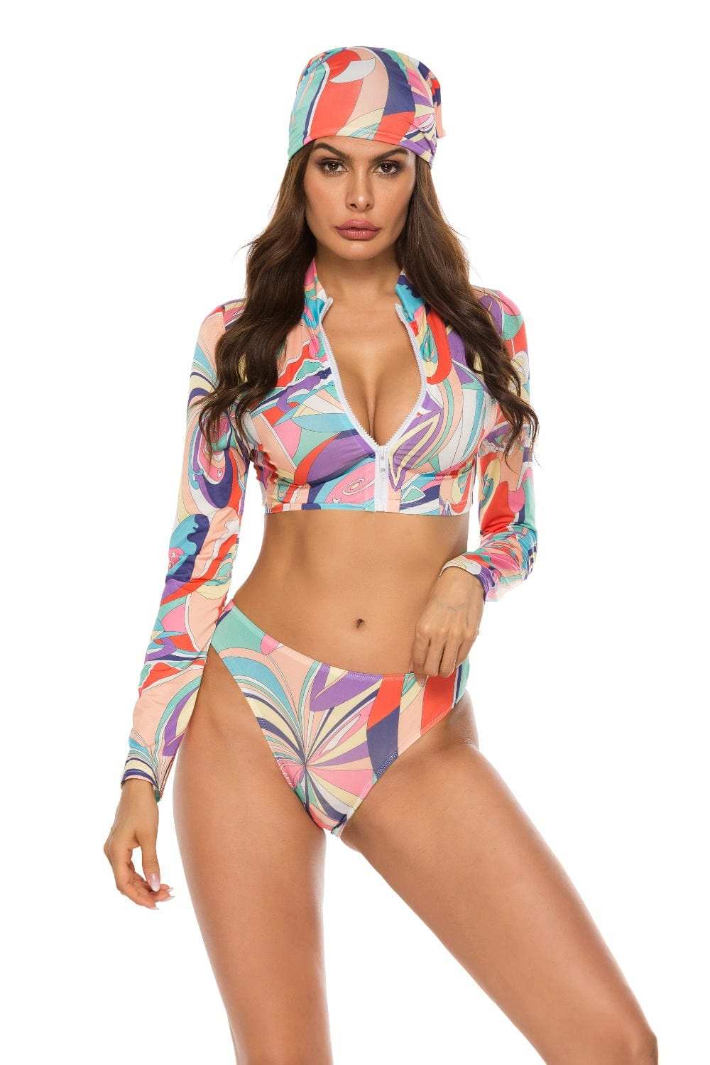 Printed Zip Up Three-Piece Swim Set - Trendsi - Flyclothing LLC