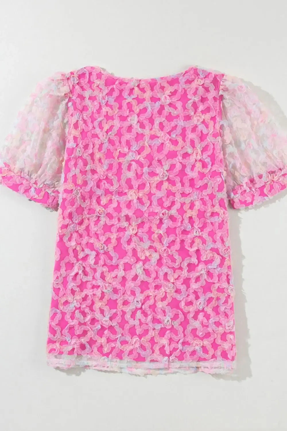 Bonbon Flowery Mesh Short Puff Sleeve Blouse - Trendsi - Flyclothing LLC