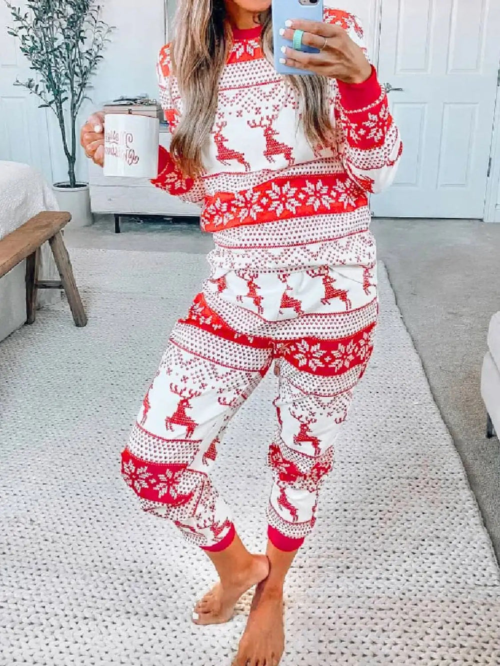 Full Size Christmas Element Round Neck Top and Pants Set - Trendsi