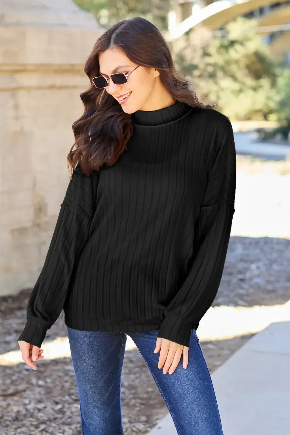 Basic Bae Full Size Ribbed Exposed Seam Mock Neck Knit Top - ShopBasicbae - Flyclothing LLC