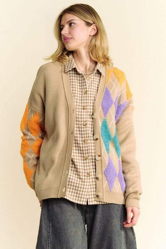 Davi & Dani Argyle V-Neck Dropped Shoulder Cardigan - Trendsi - Flyclothing LLC