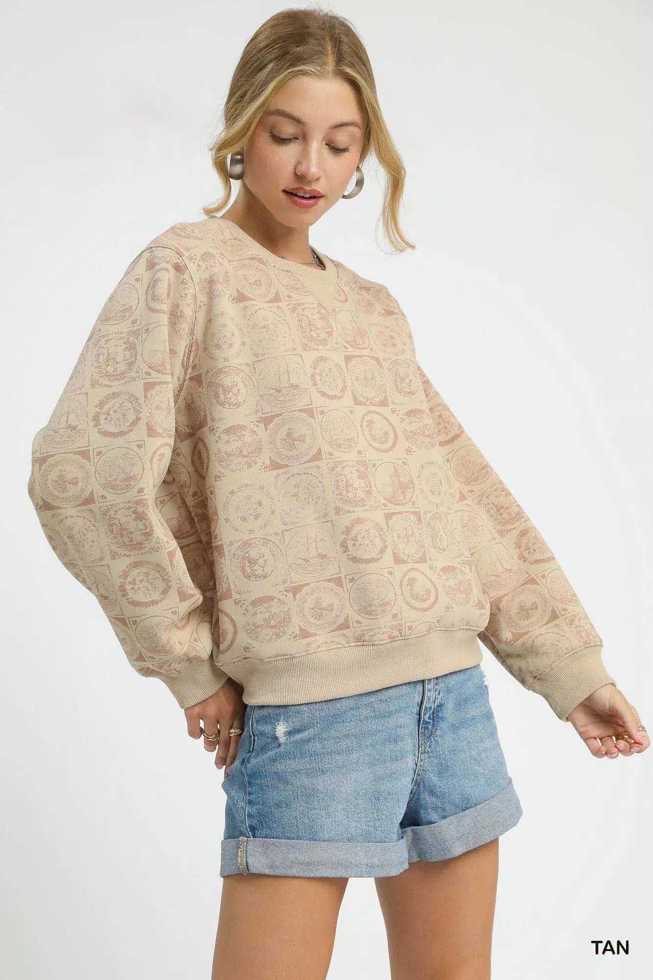 Umgee Coin Stamp Print Sweatshirt - Trendsi - Flyclothing LLC