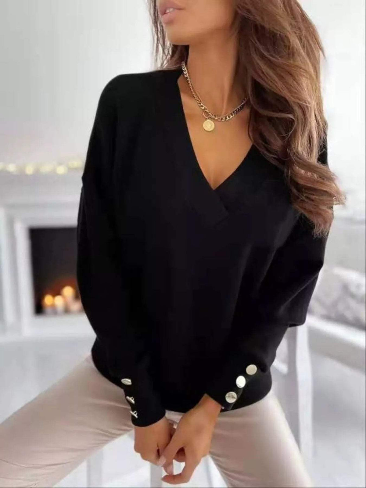 V-Neck Button Cuff Top - Trendsi - Flyclothing LLC