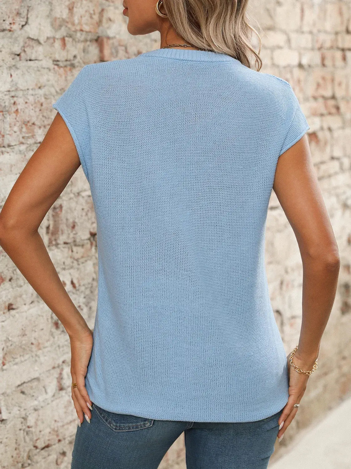 V-Neck Short Sleeve Knit Top - Trendsi - Flyclothing LLC