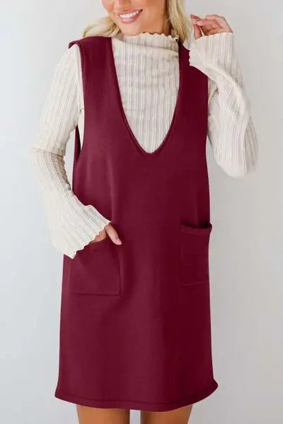 Lovelet Pocketed V-Neck Mini Sweater Overall Dress - Trendsi - Flyclothing LLC