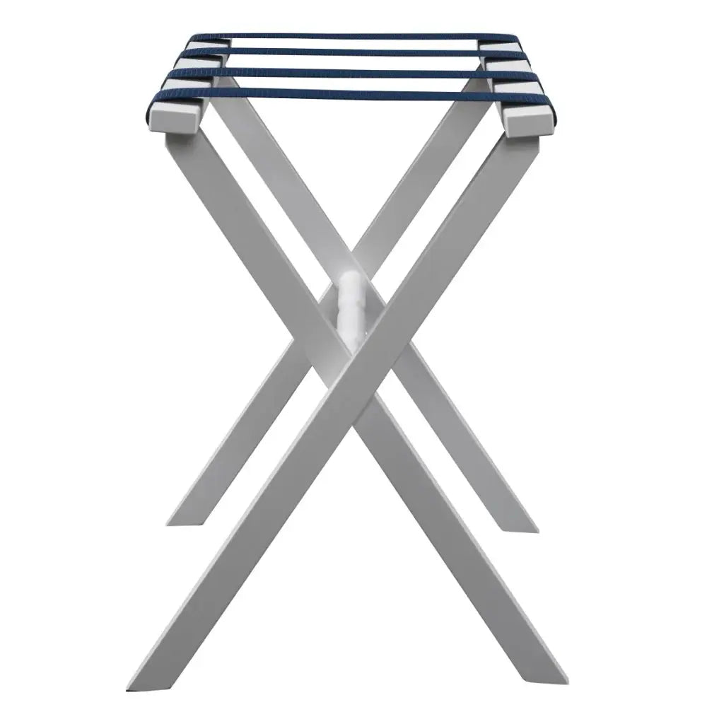 Hotel White Finish Wood Folding Luggage Rack With Navy Straps - Homeroots - Flyclothing LLC