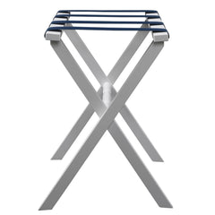 Hotel White Finish Wood Folding Luggage Rack With Navy Straps