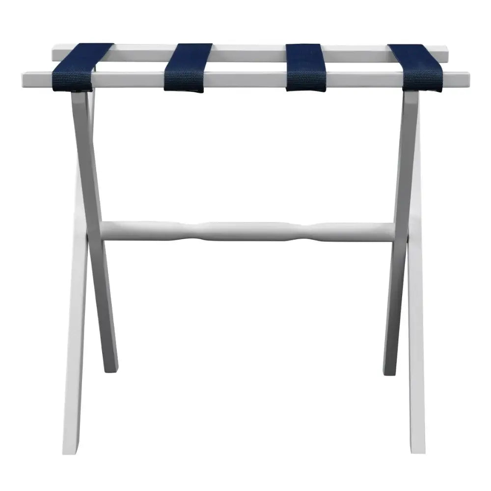 Hotel White Finish Wood Folding Luggage Rack With Navy Straps - Homeroots - Flyclothing LLC