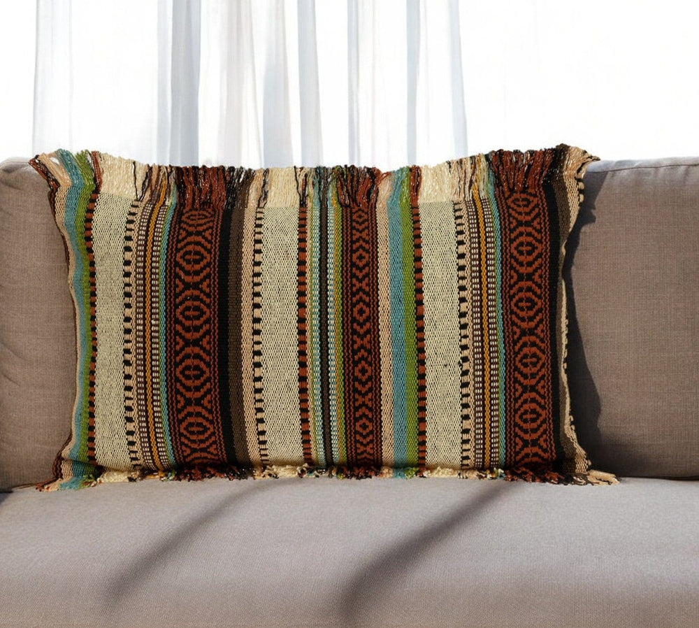 14" X 24" Brown and Beige Cotton Throw Pillow With Fringe - Homeroots