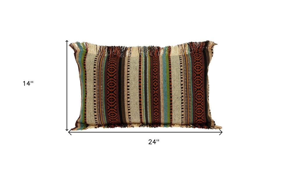 14" X 24" Brown and Beige Cotton Throw Pillow With Fringe - Homeroots - Flyclothing LLC
