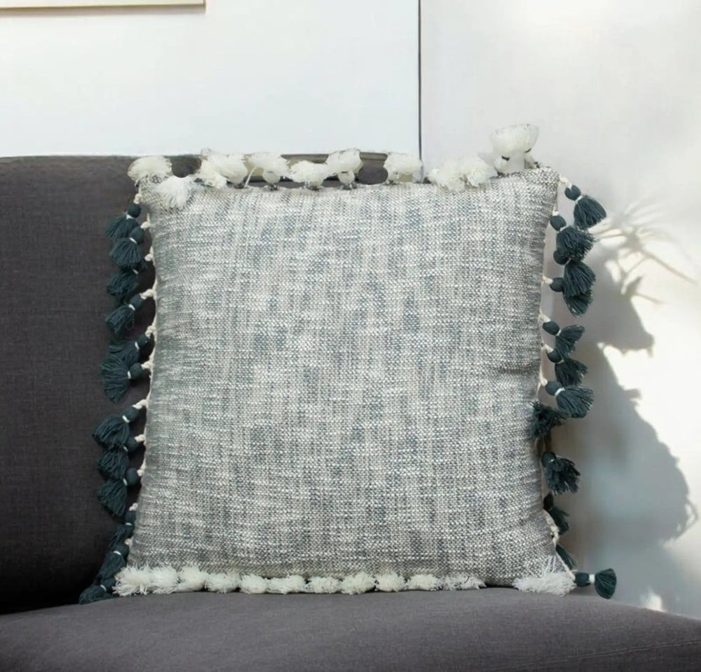 20" Slate Gray Abstract Cotton Throw Pillow With Tassels - Homeroots