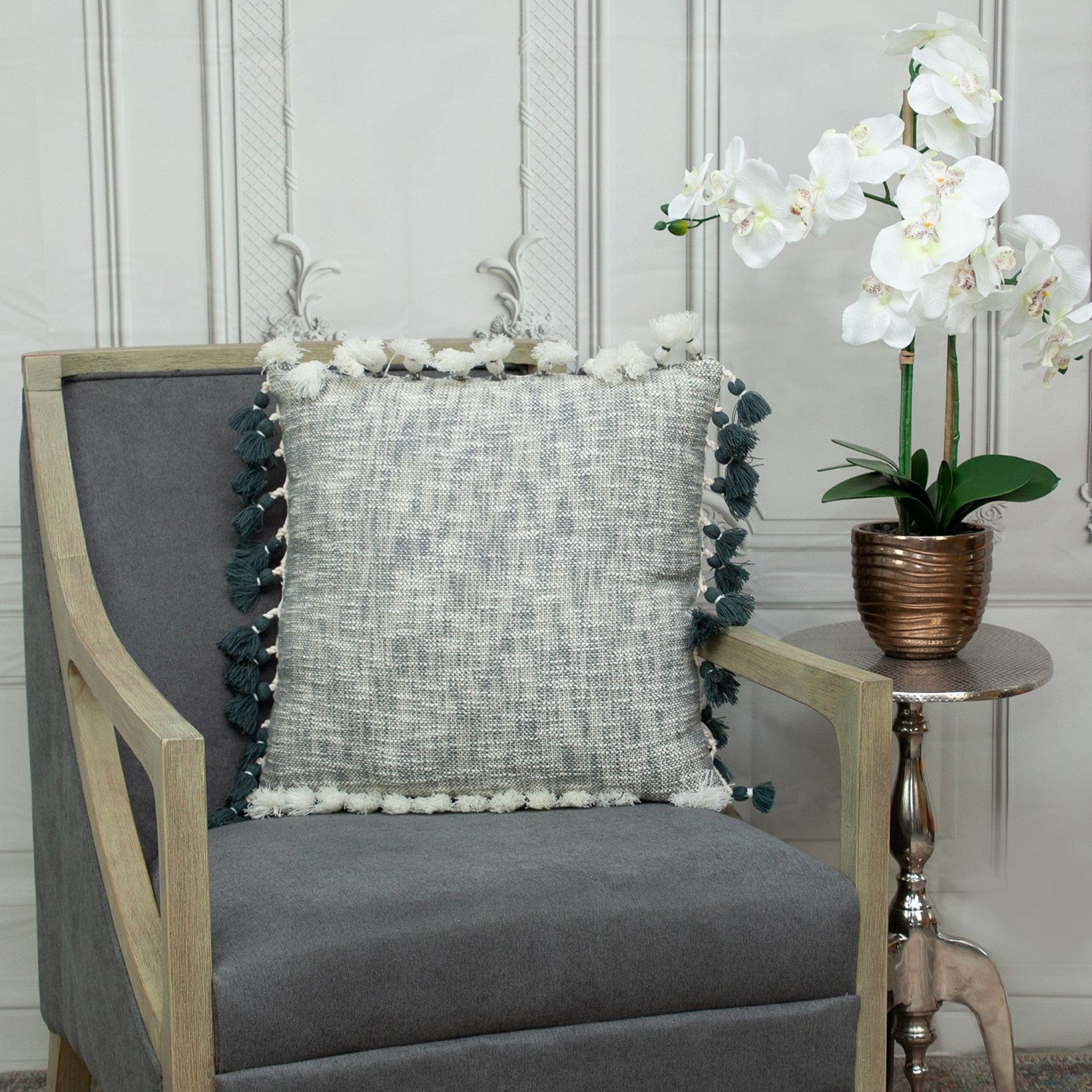 20" Slate Gray Abstract Cotton Throw Pillow With Tassels - Homeroots - Flyclothing LLC