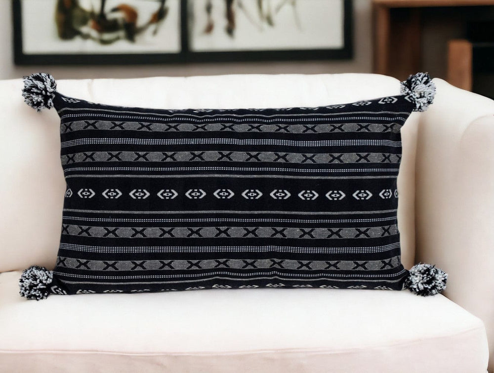 Black And Gray X Pom Throw Pillow - Homeroots
