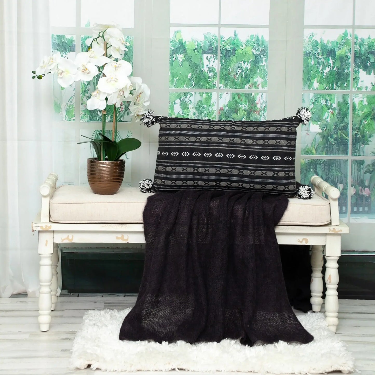 Black And Gray X Pom Throw Pillow - Homeroots - Flyclothing LLC
