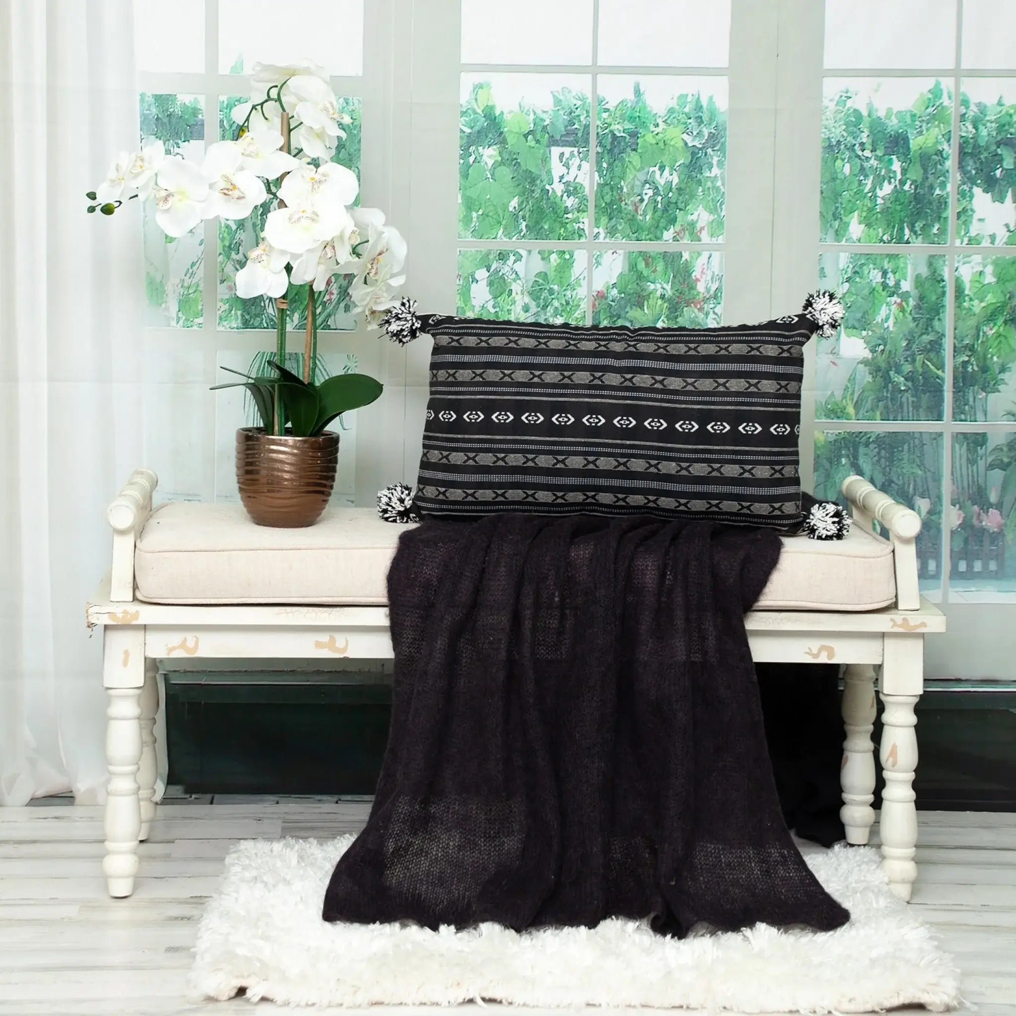Black And Gray X Pom Throw Pillow - Homeroots - Flyclothing LLC