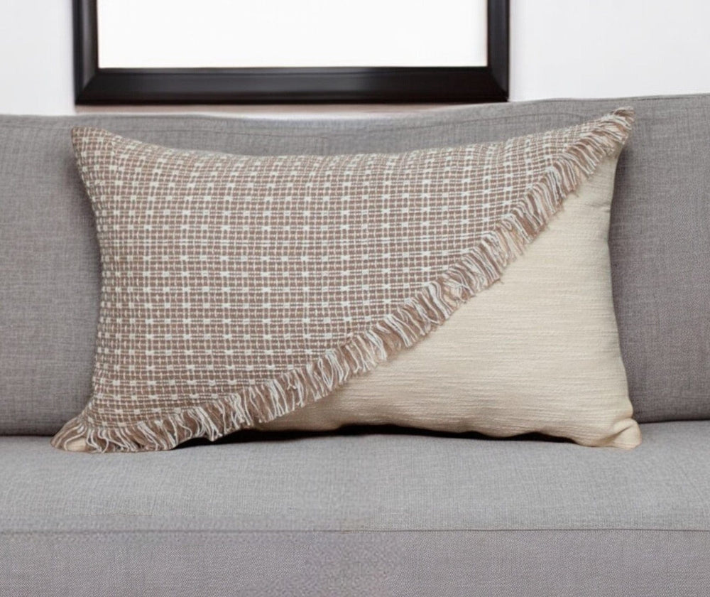 14" X 24" Beige Cotton Throw Pillow With Fringe - Homeroots