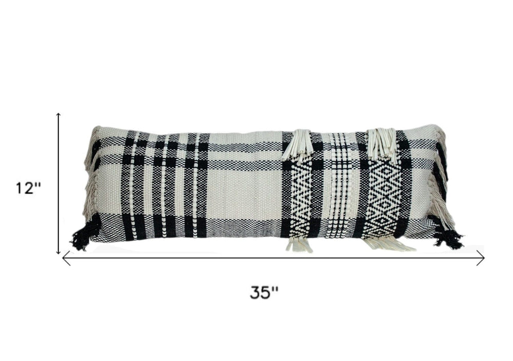 12" X 35" Black and White Plaid Cotton Lumbar Throw Pillow With Fringe - Homeroots - Flyclothing LLC