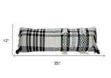 12" X 35" Black and White Plaid Cotton Lumbar Throw Pillow With Fringe - Homeroots - Flyclothing LLC