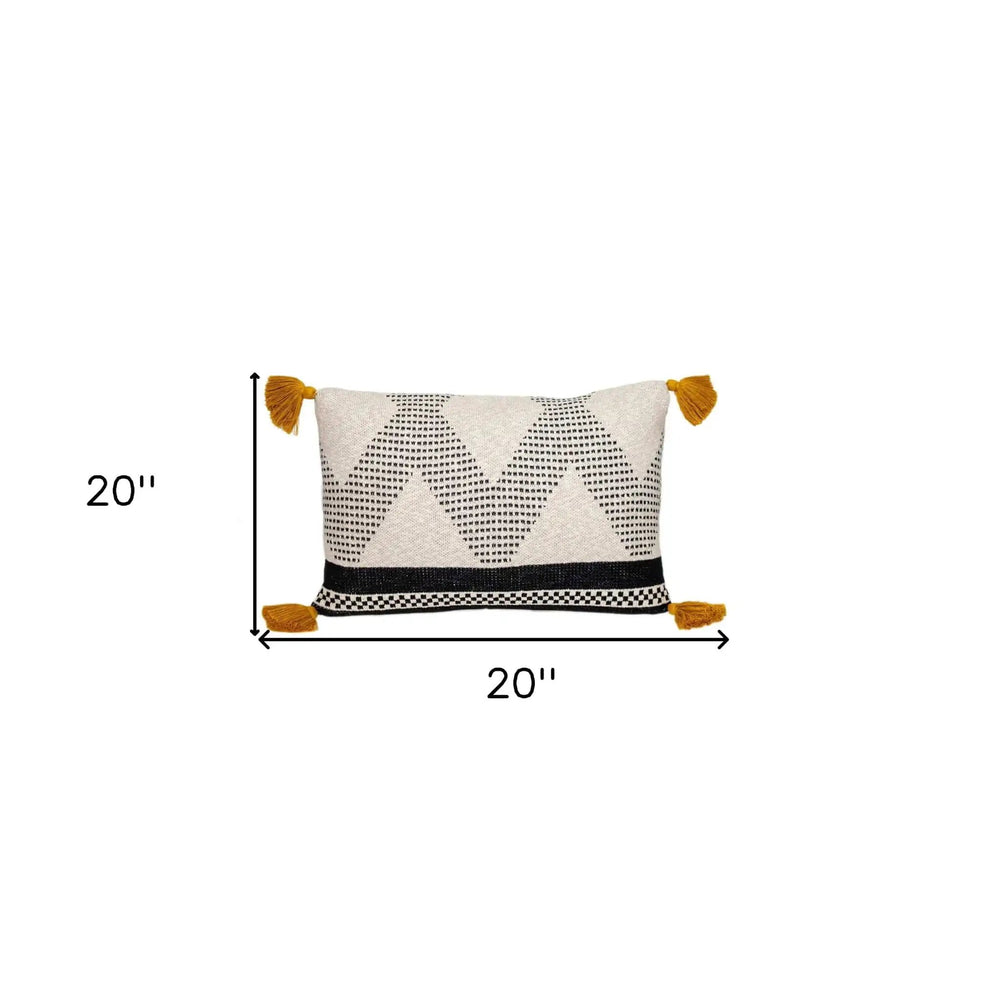 20" X 20" Beige and Black Cotton Throw Pillow With Tassels - Homeroots - Flyclothing LLC
