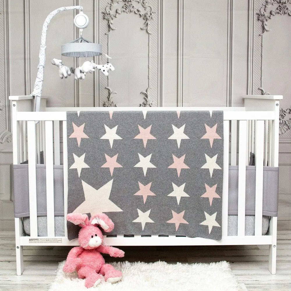 Grey Ivory And Pink Stars Knitted Baby Blanket - Homeroots - Flyclothing LLC