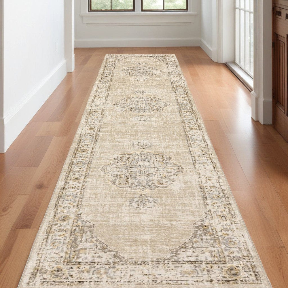 12' Runner Beige and Ivory Power Loom Runner Rug - Homeroots