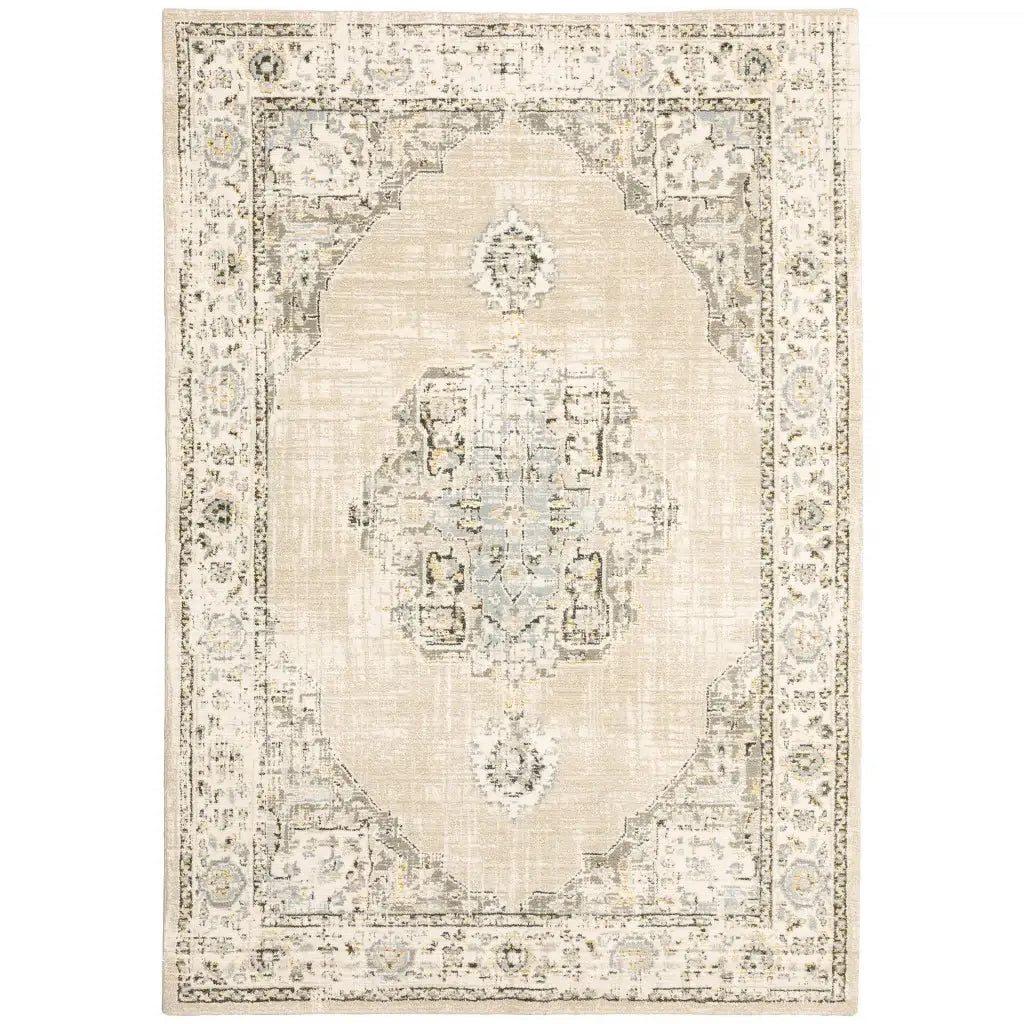 10' X 14' Beige And Ivory Center Jewel Area Rug - Homeroots - Flyclothing LLC