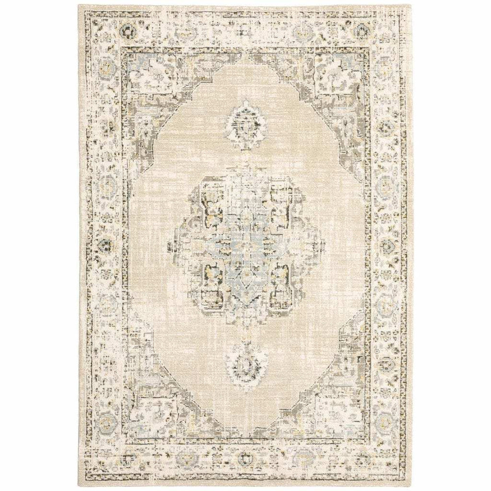 10' X 14' Beige And Ivory Center Jewel Area Rug - Homeroots - Flyclothing LLC