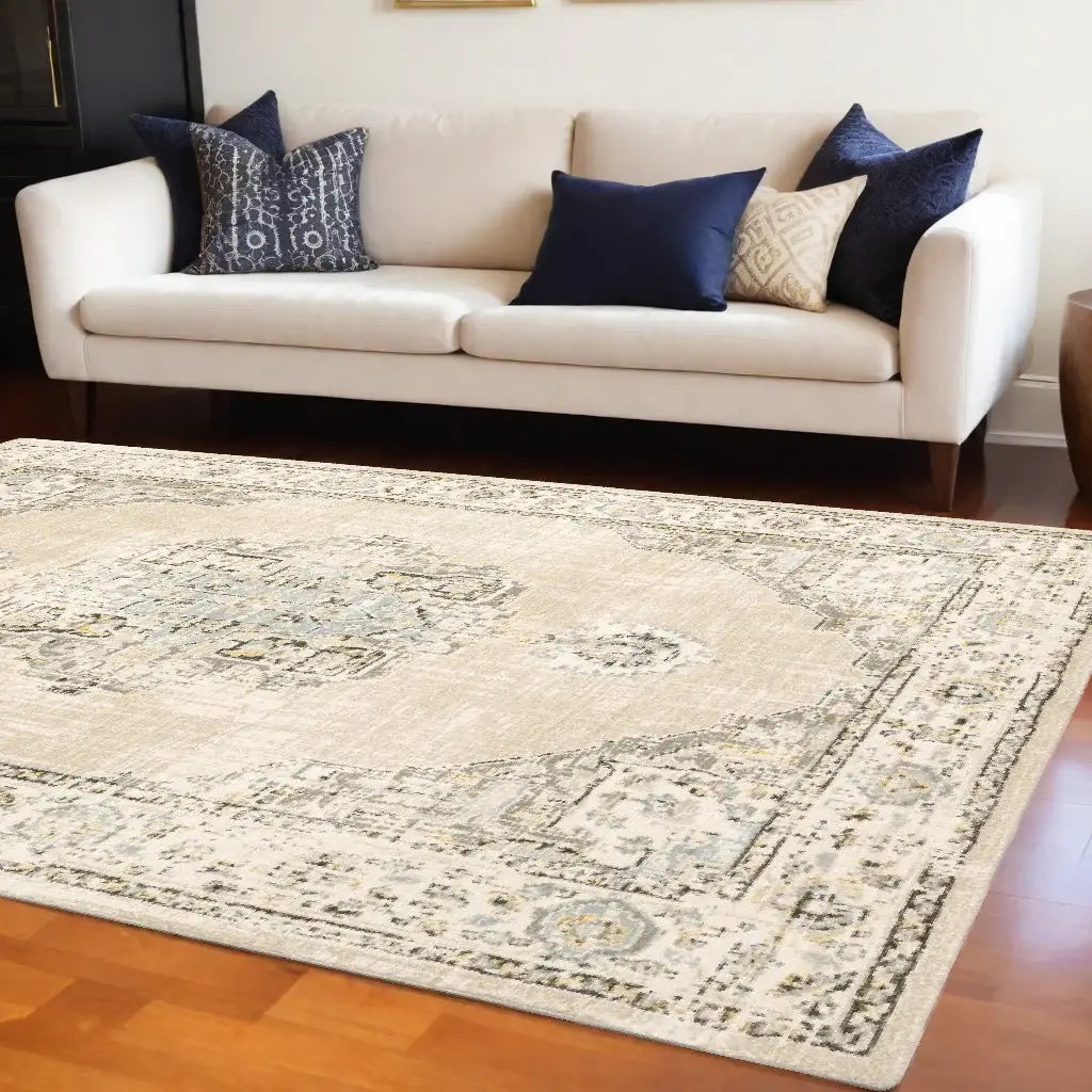 10' X 14' Beige And Ivory Center Jewel Area Rug - Homeroots - Flyclothing LLC