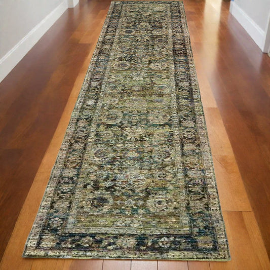 12' Runner Green Power Loom Runner Rug - Homeroots