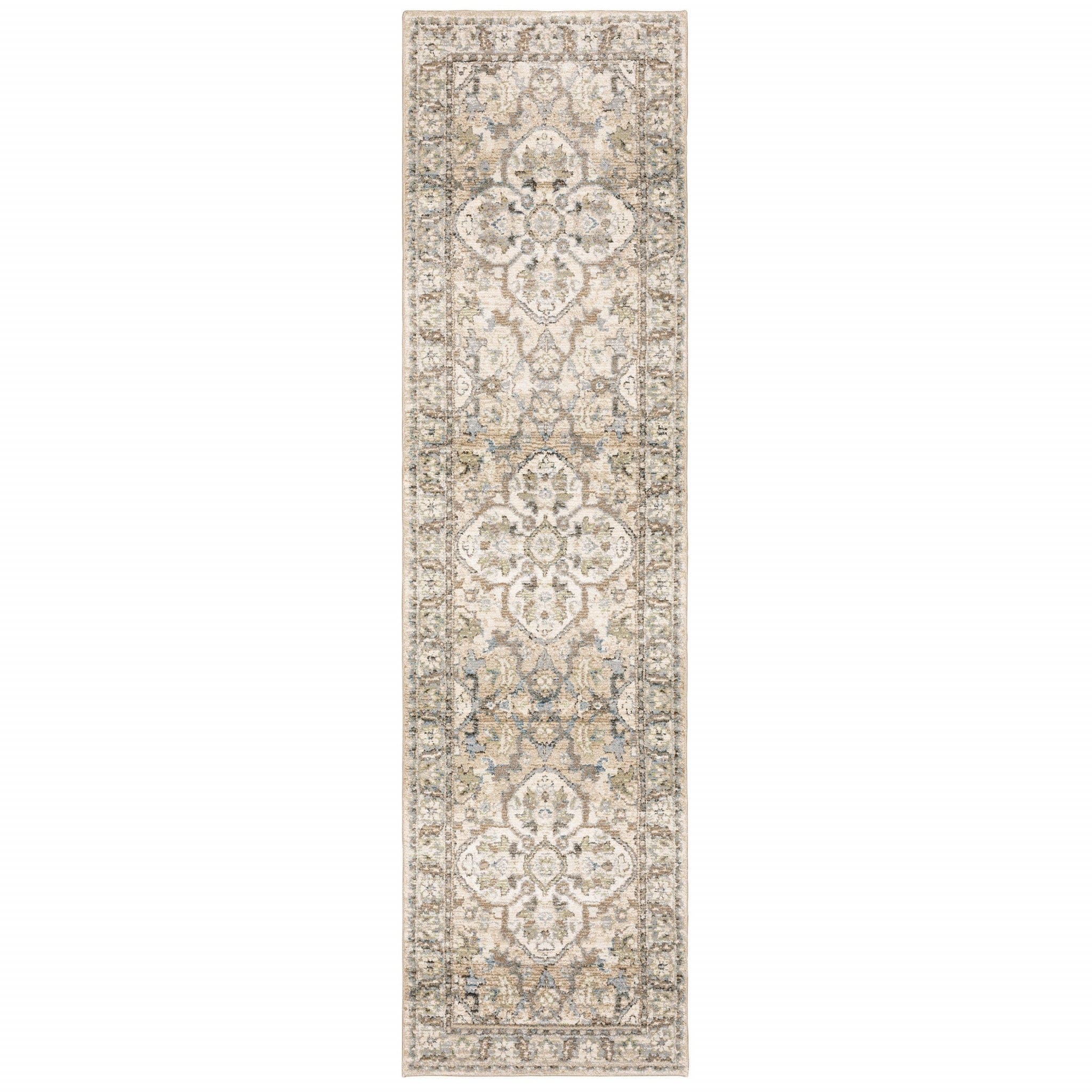 2' X 8' Beige And Ivory Medallion Runner Rug