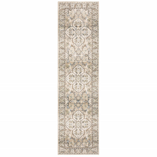 2' X 8' Beige And Ivory Medallion Runner Rug