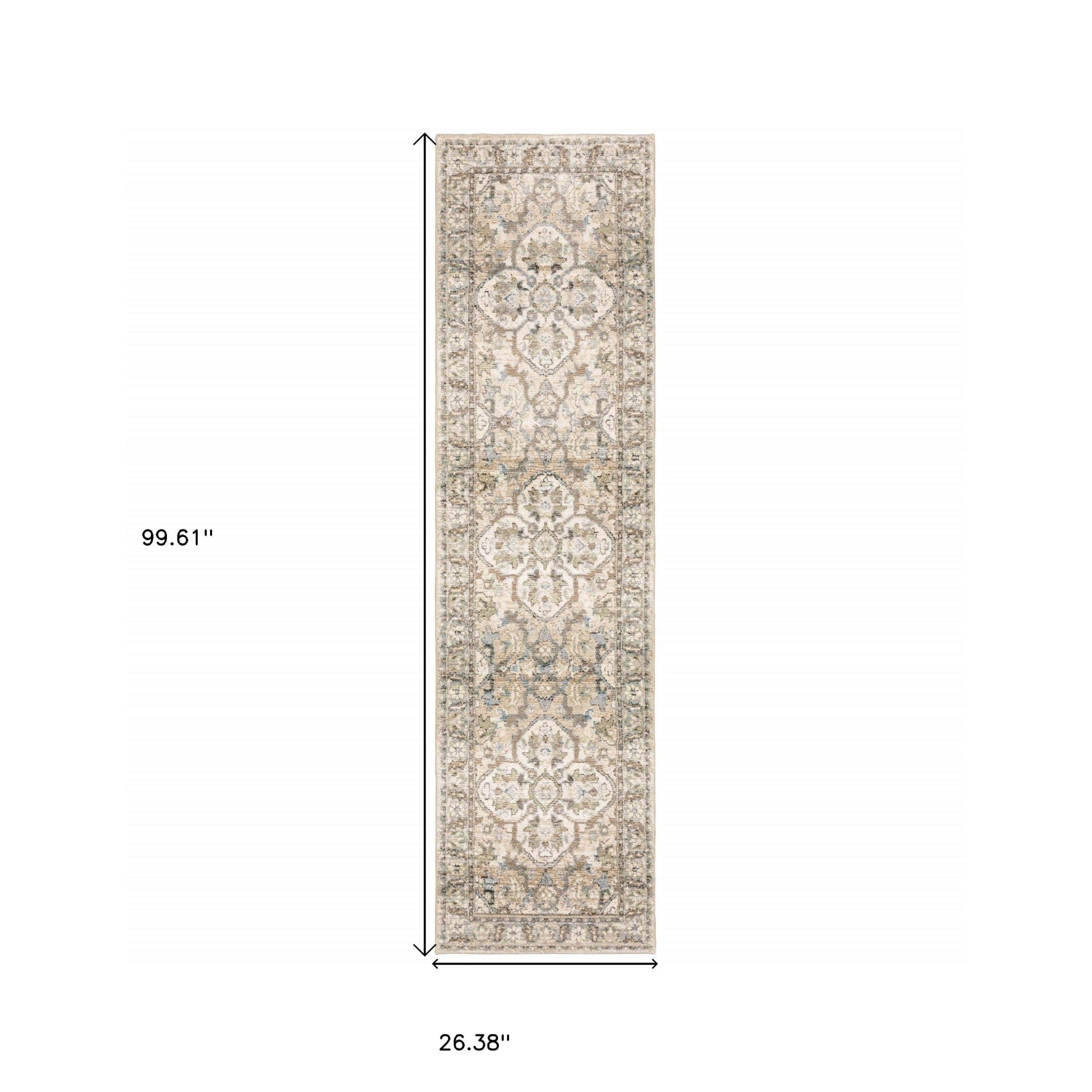 2' X 8' Beige And Ivory Medallion Runner Rug