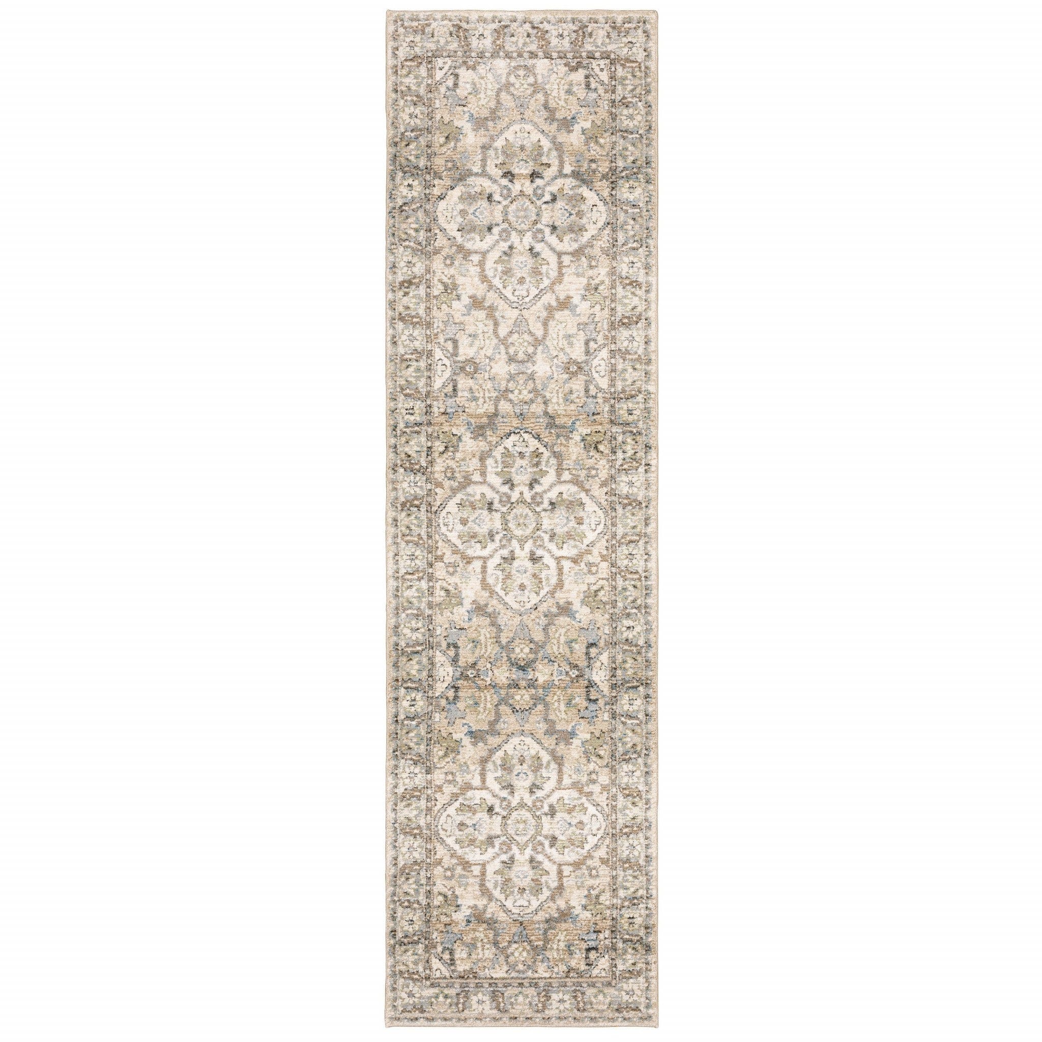 2' X 8' Beige And Ivory Medallion Runner Rug