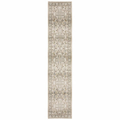 3' X 12' Beige And Ivory Medallion Runner Rug