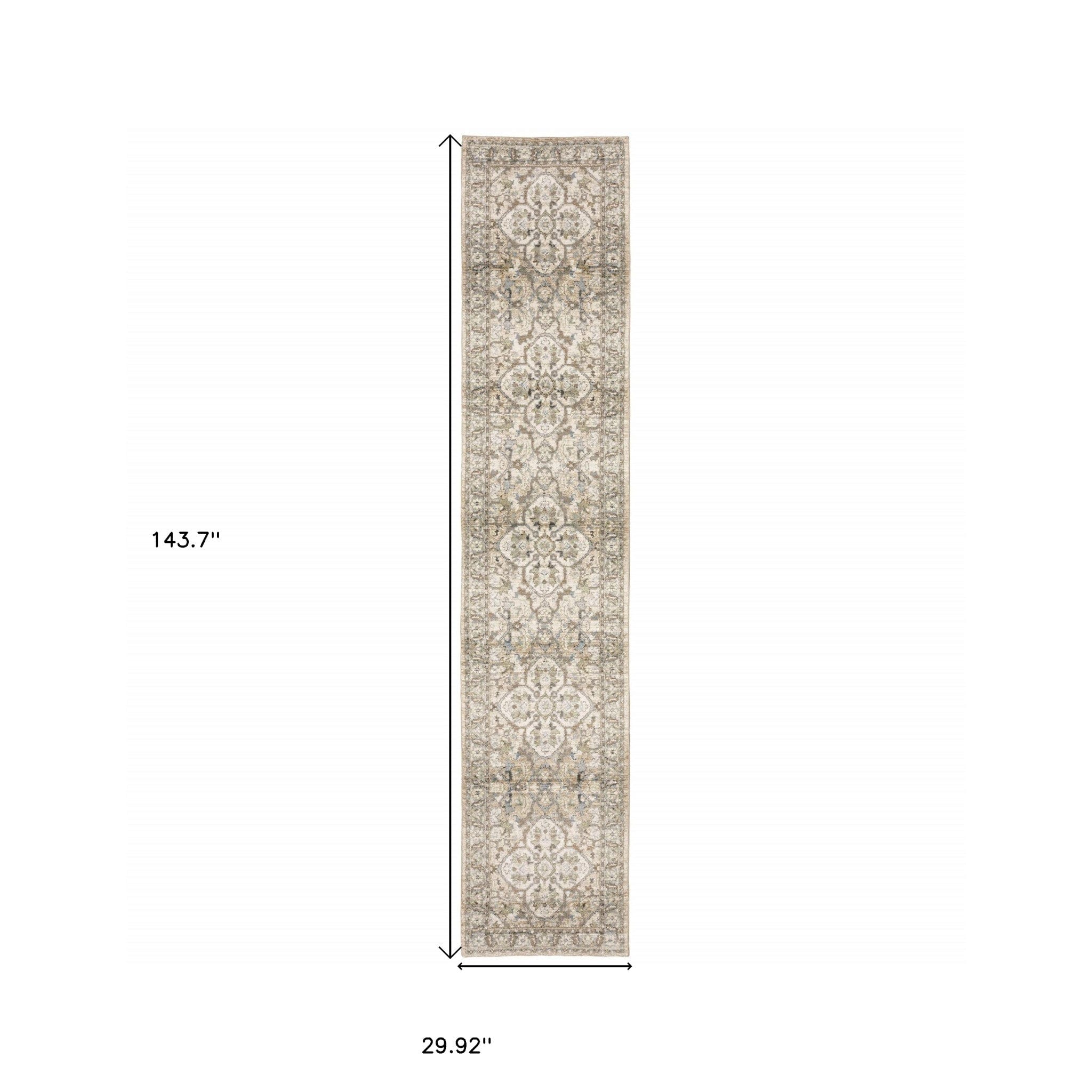 3' X 12' Beige And Ivory Medallion Runner Rug