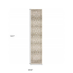3' X 12' Beige And Ivory Medallion Runner Rug