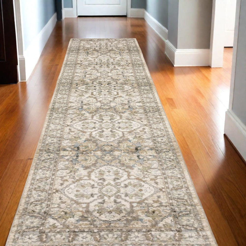 3' X 12' Beige And Ivory Medallion Runner Rug - Homeroots