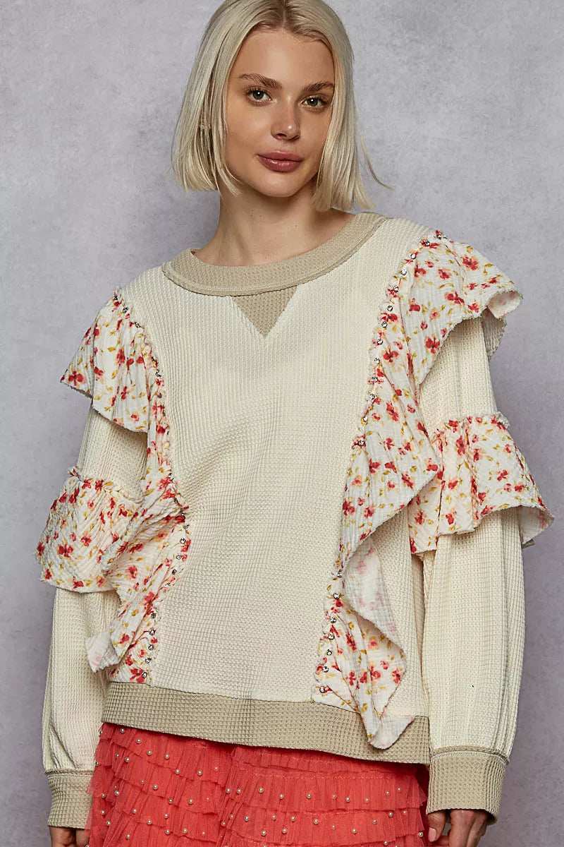POL Round Neck Sweater with Floral Ruffle Detail - Trendsi - Flyclothing LLC