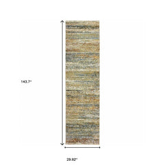 3' X 12' Gold And Green Abstract Runner Rug