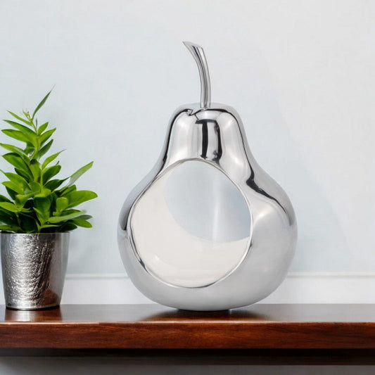 17" Silver and White Cast Aluminum Pear Shaped Accent Bowl - Homeroots